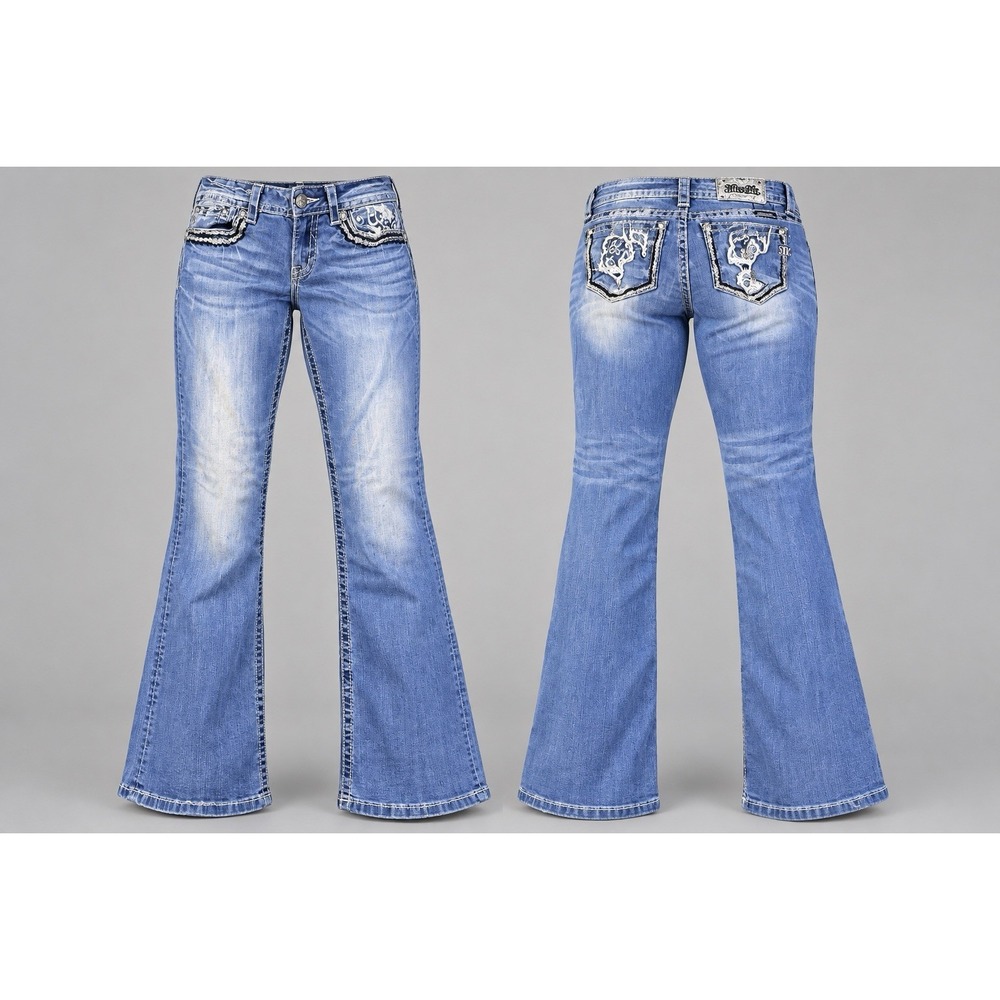 Miss Me jean Women 33x32 Mid Rise Boot  Rhinestone Medium Wash factory distress